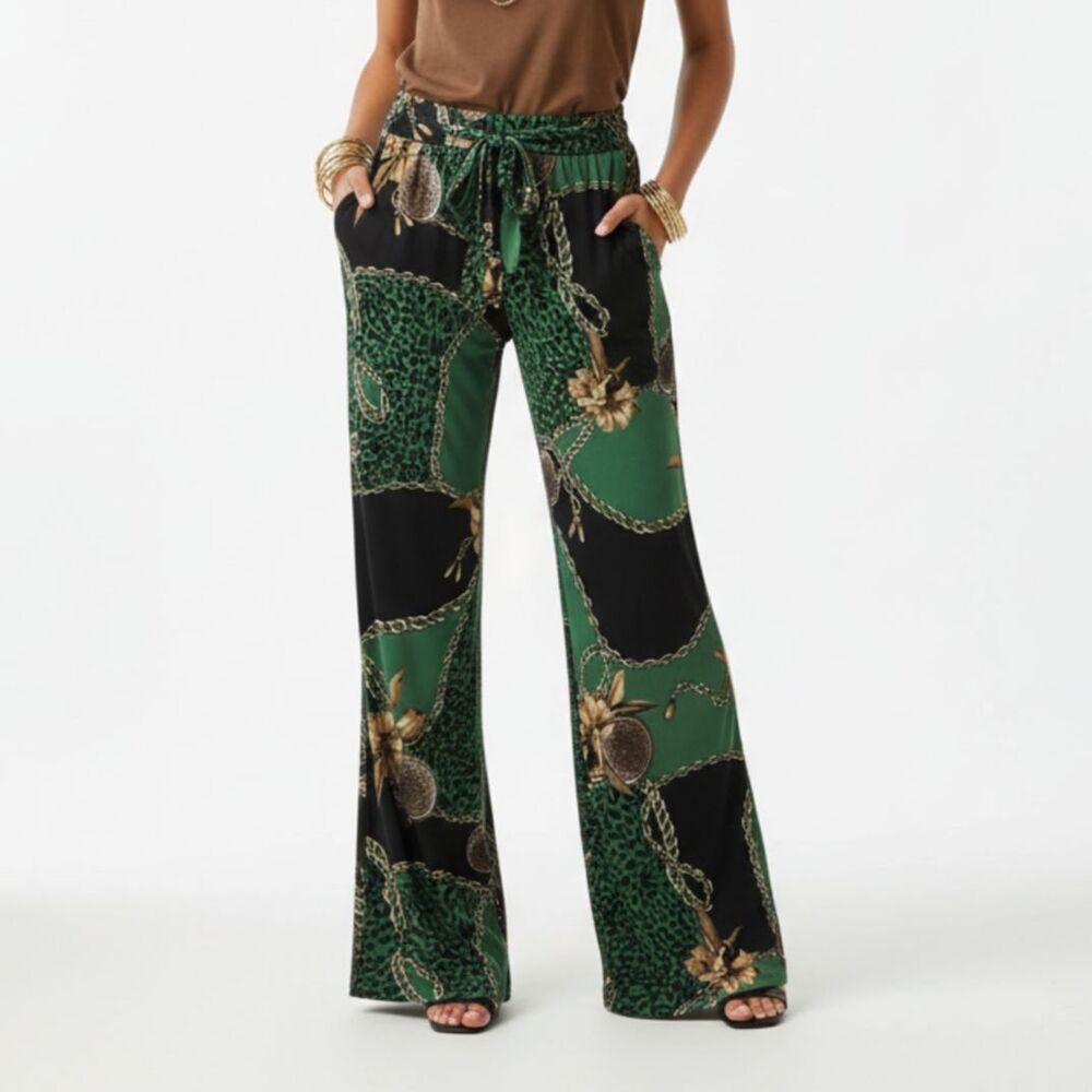 J & SKY Green & Black Print Palazzo Wide Leg High Foldover Waist Pants S